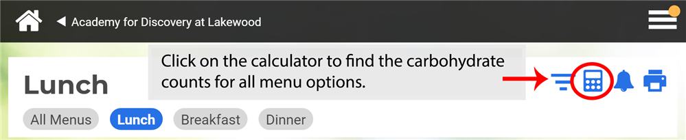 Click on the calculator icon to find the carbohydrate counts